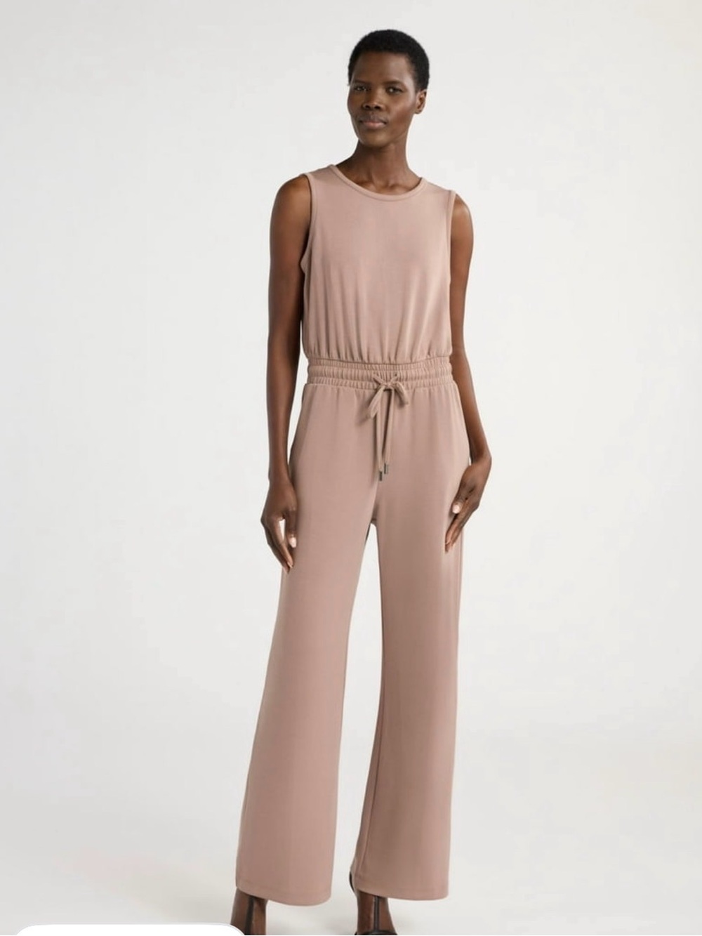Scoop Scuba Knit Wide Leg Drawstring Jumpsuit - Mushroom